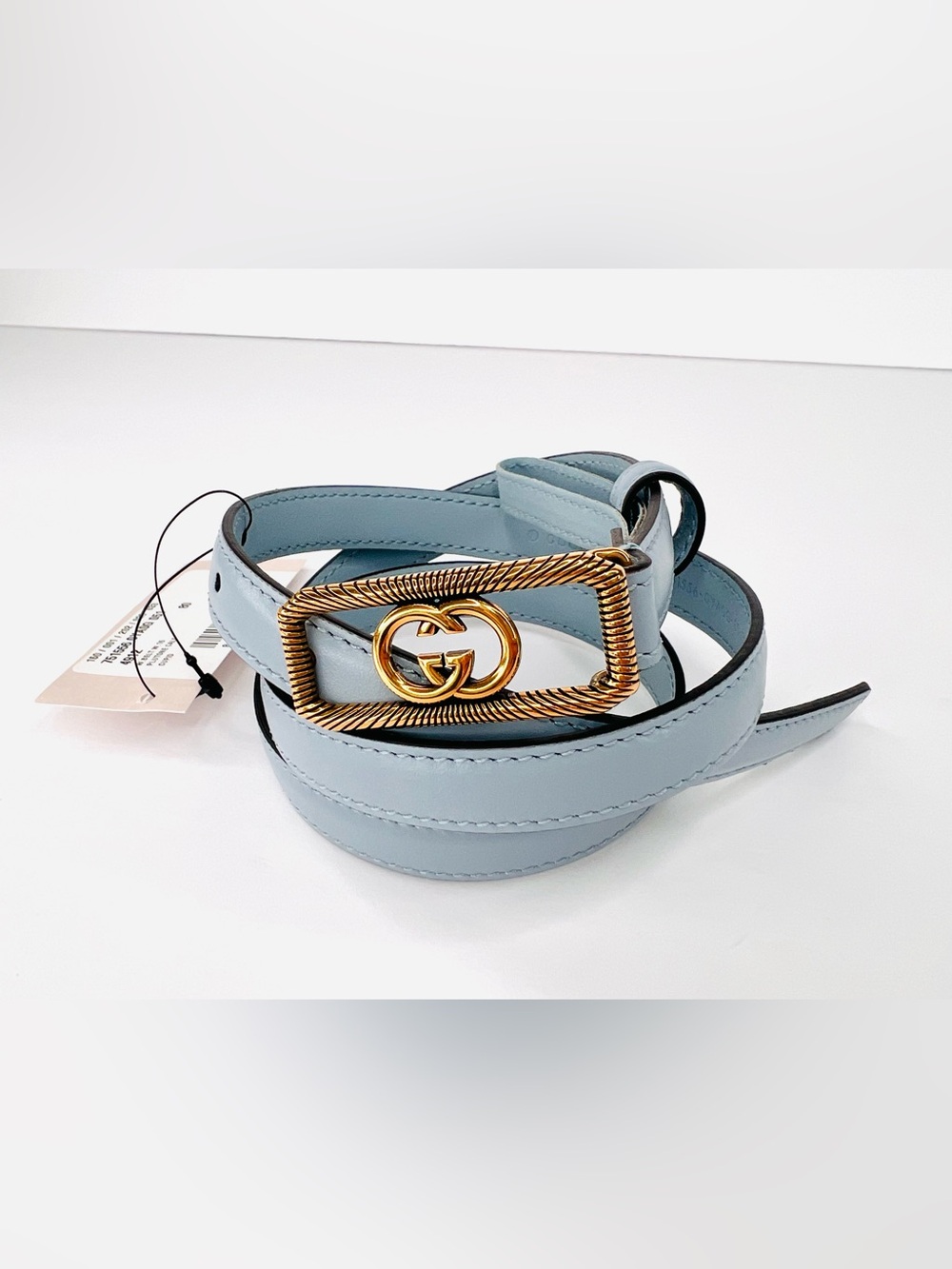 Gucci Skinny Blue Leather Belt With Interlocking G Logo Buckle Size 32 cm - 80" - Picture 3 of 10